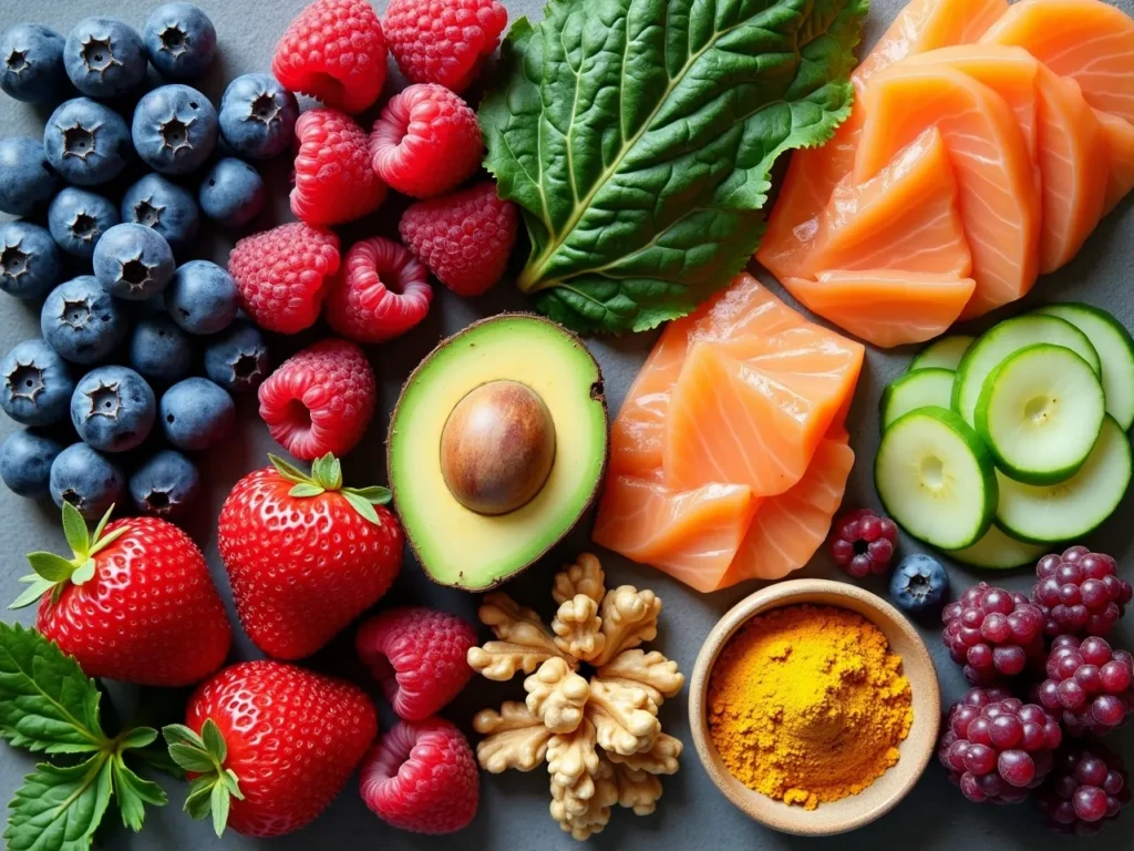 Assortment of colorful anti-inflammatory foods on a light background