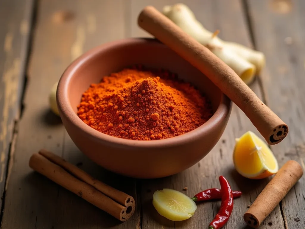 Chili flakes, cinnamon stick, and fresh ginger