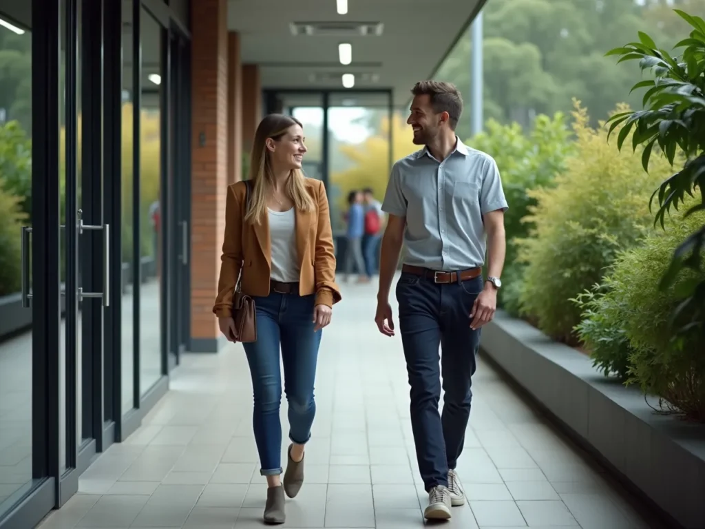 Colleagues having a walking meeting
