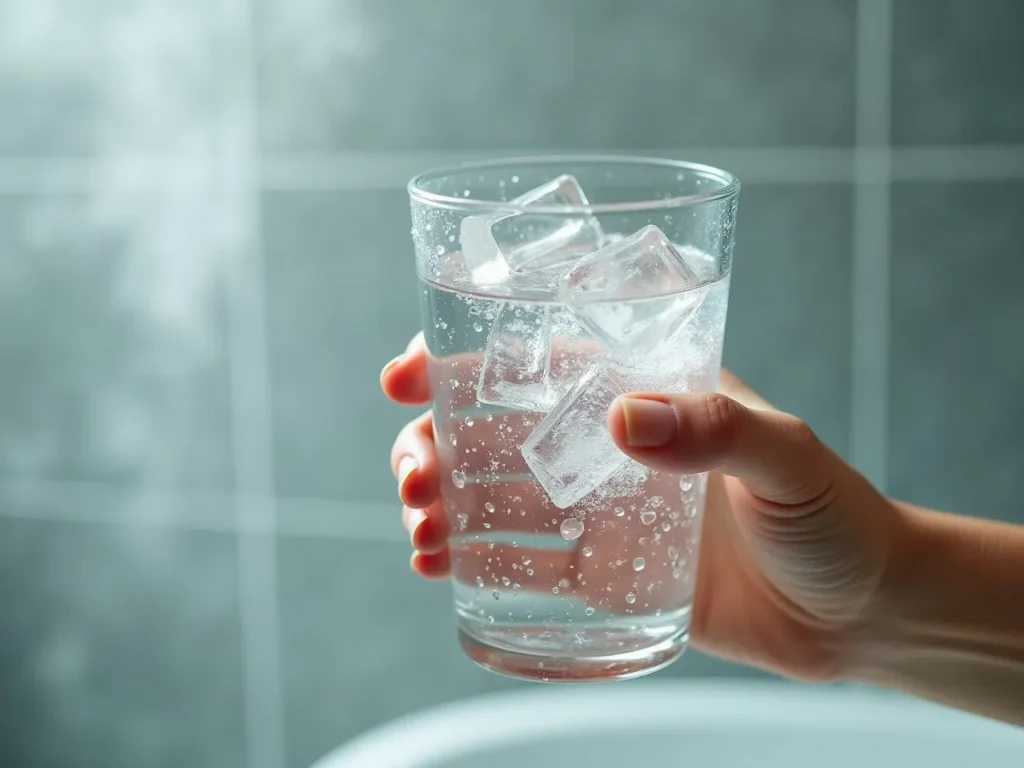 Hand holding a glass of ice-cold water