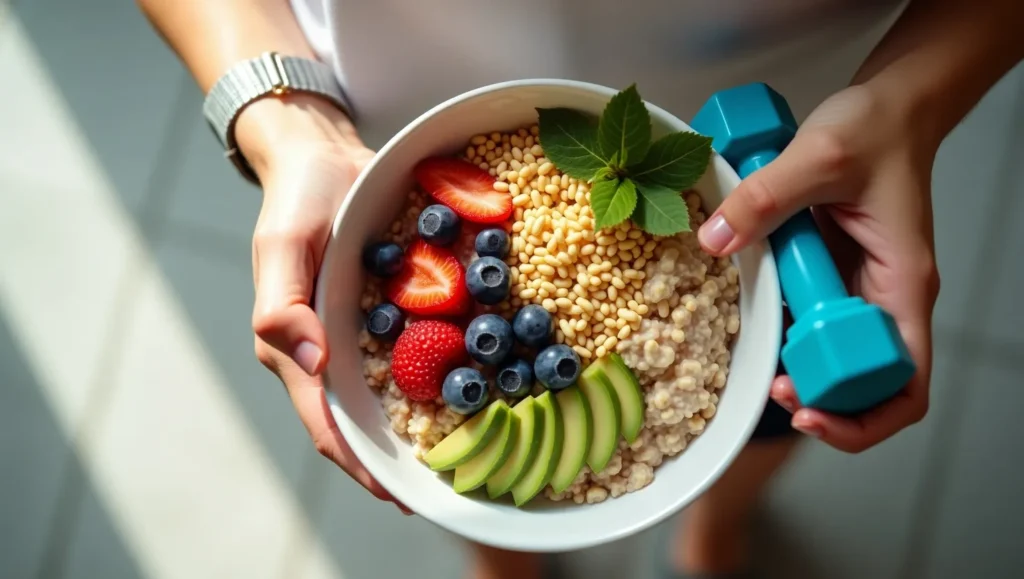 Healthy breakfast next to a hand holding a small dumbbell, symbolizing metabolism boost
