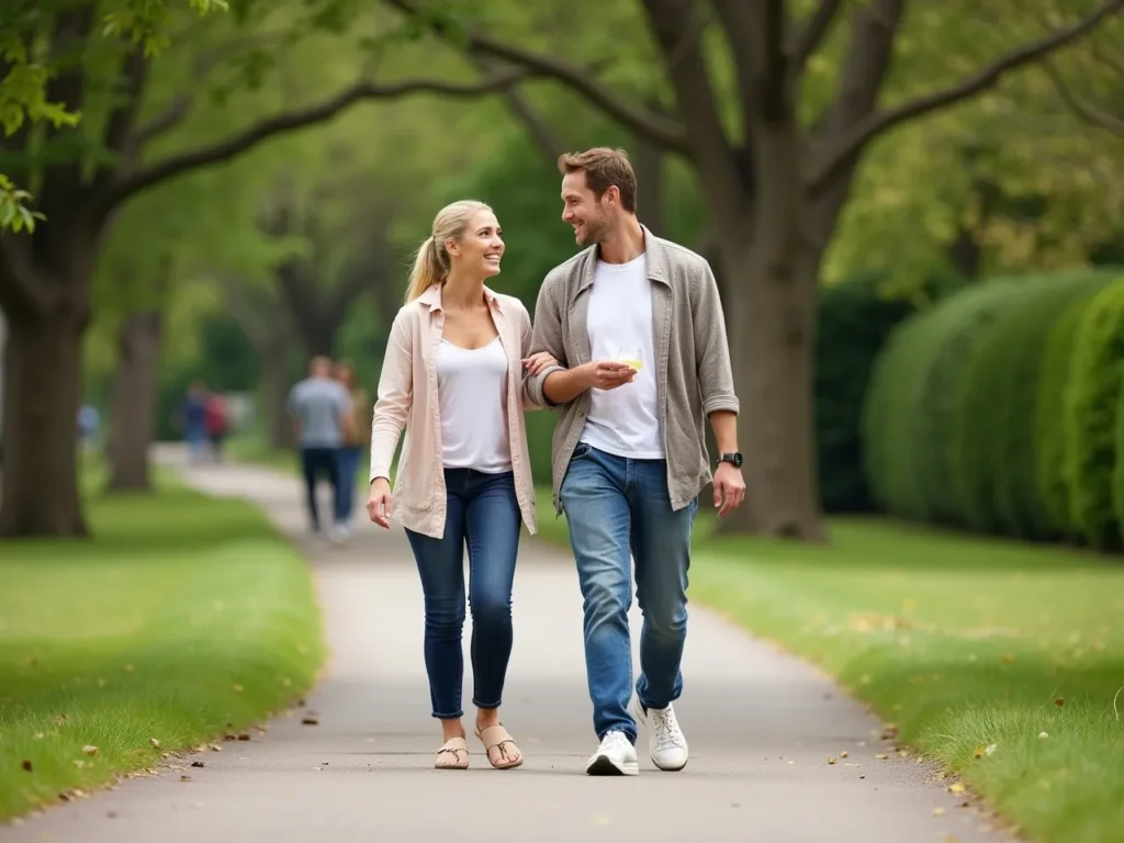 People enjoying a leisurely walk after a meal