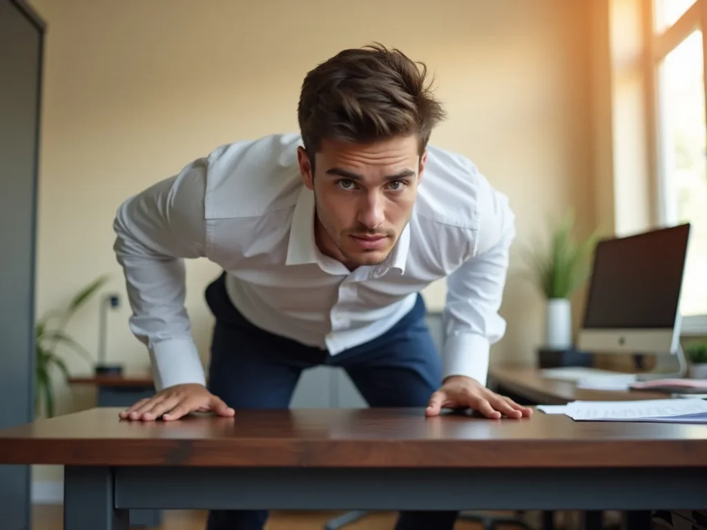 Person doing desk push-ups in an office