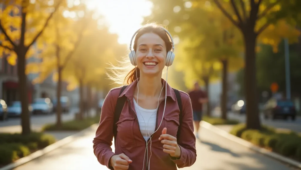 a woman running with headphones