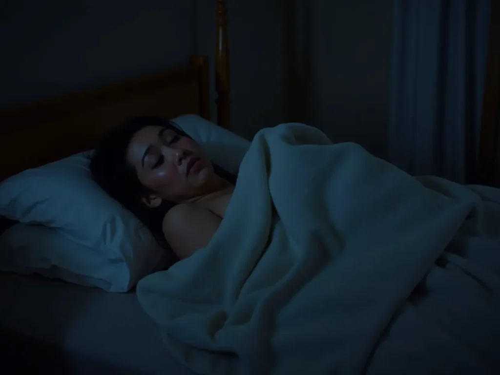 Person sleeping peacefully in a dark bedroom