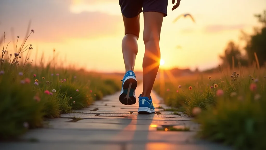 Person walking on a path during sunrise