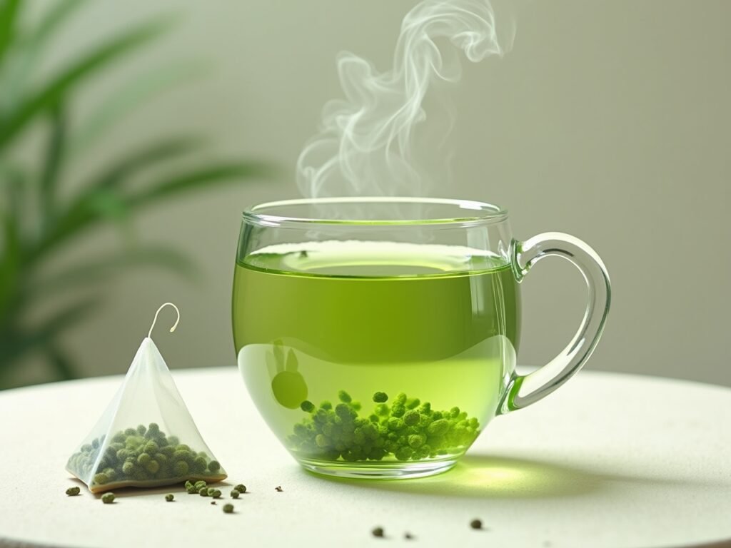 Steaming mug of green tea for antioxidants