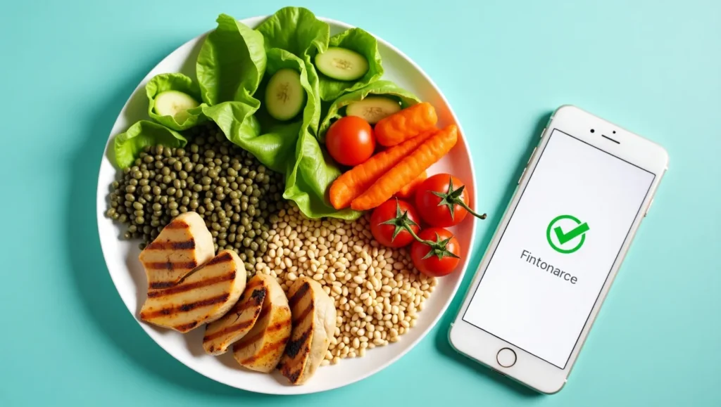 AI-generated personalized meal plan on a smartphone next to a healthy dish.