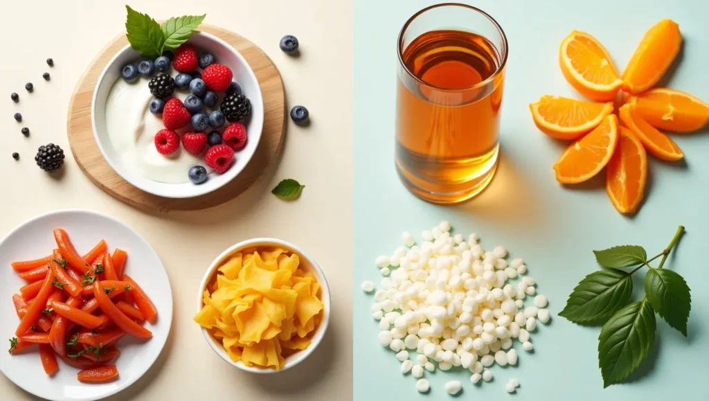Assortment of vibrant probiotic-rich foods for gut health