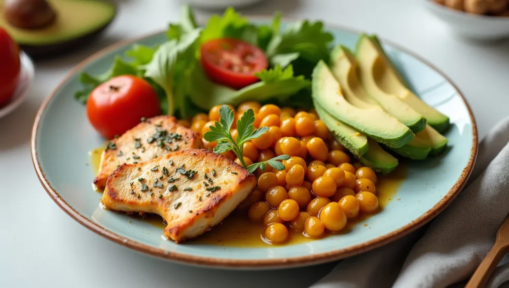 Balanced meal with protein, healthy fats, and vegetables.