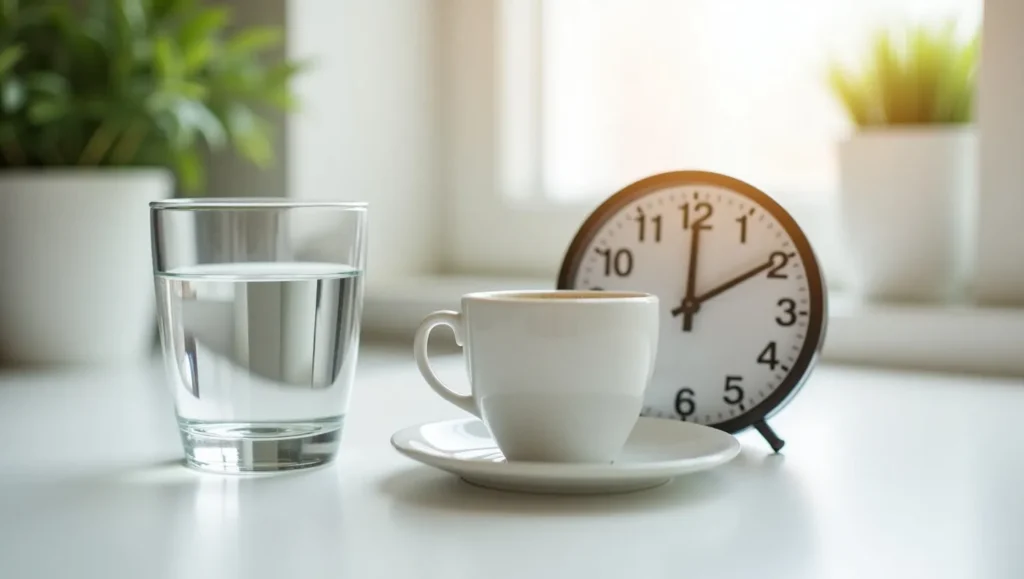 Coffee cup next to clock for caffeine cut-off time.