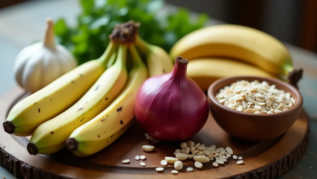 Fresh prebiotic foods like bananas, garlic, and oats