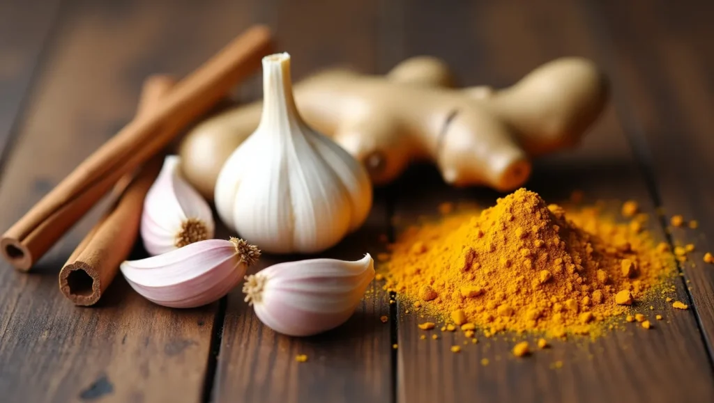 Ginger, garlic, turmeric, and cinnamon for immune boosting