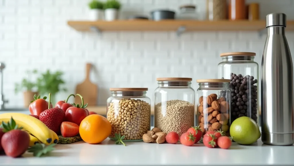 Healthy food stored in glass containers to avoid endocrine disruptors.