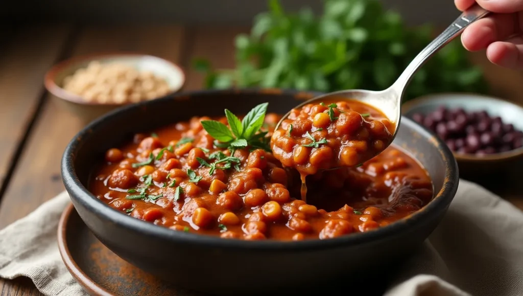 Hearty lentil chili in a bowl