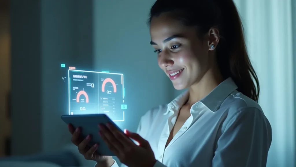 Person interacting with an AI fitness coaching interface on a holographic screen