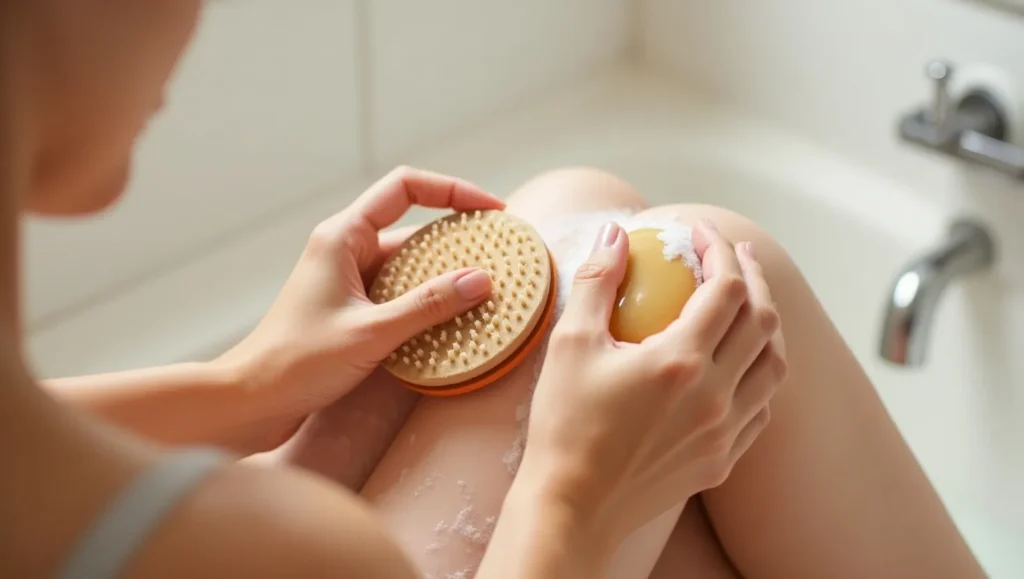 Person performing a self-care ritual in the shower.