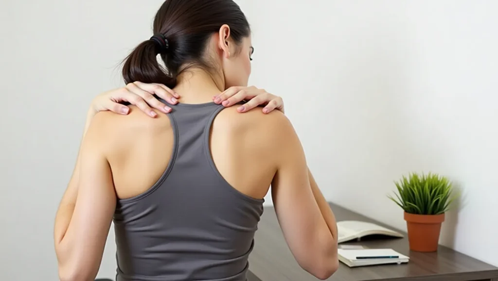 Person performing a subtle shoulder tension release exercise at a desk