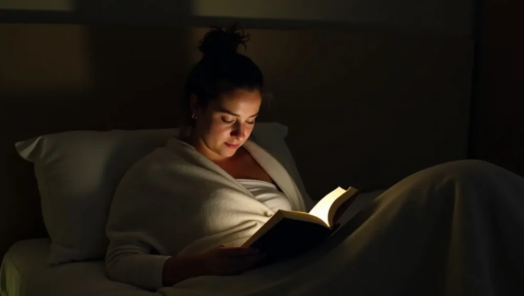 Person reading a physical book as part of a bedtime routine.