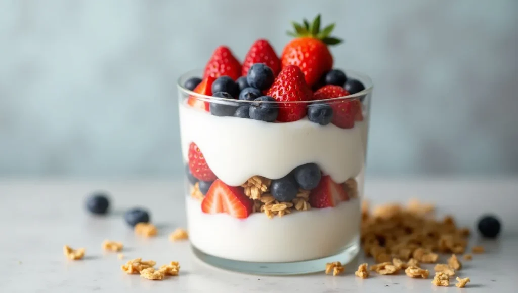 Plant-based yogurt parfait with berries and granola