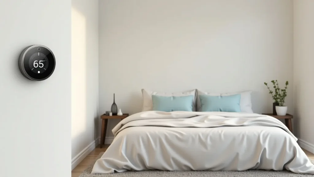 Smart thermostat showing optimal cool bedroom temperature for sleep